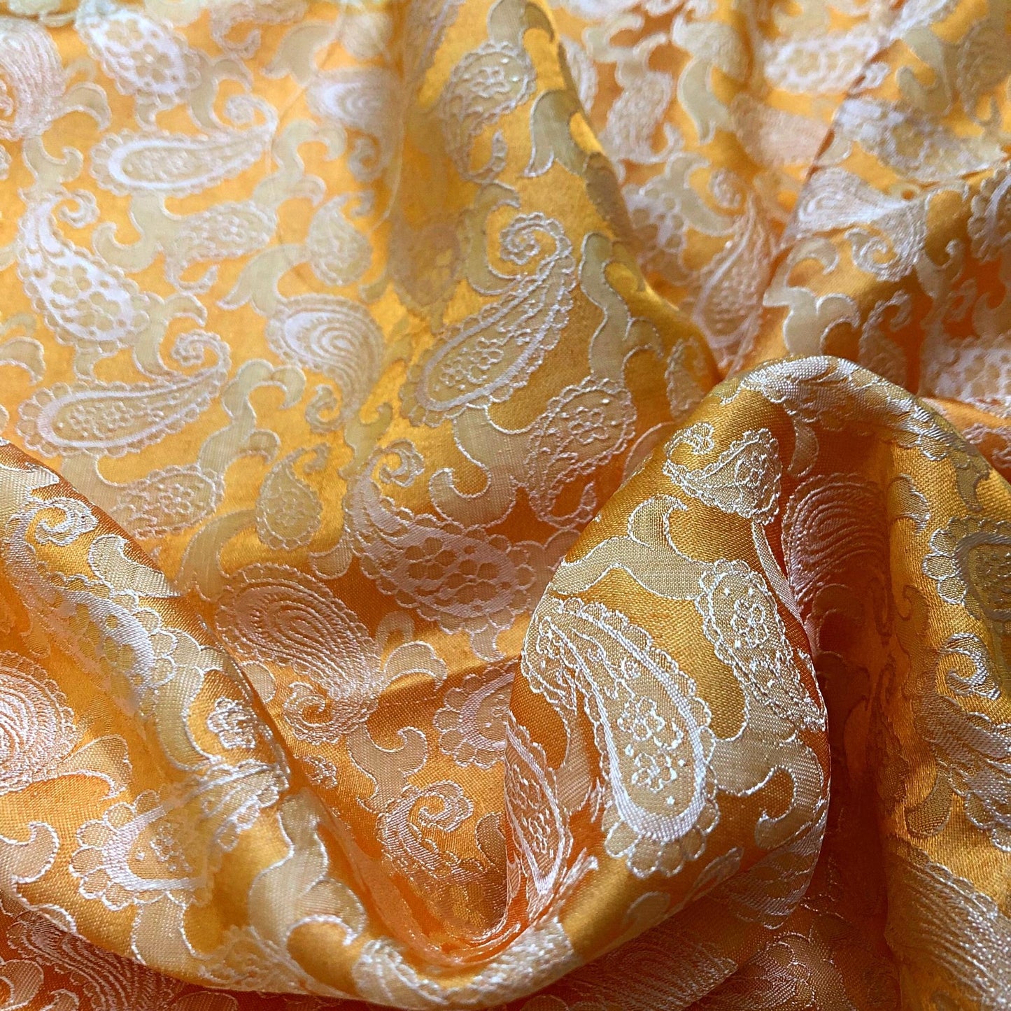 Yellow fabric with mulberry peacock tails pattern, Pure mulberry silk, Handmade fabric, Organic fiber