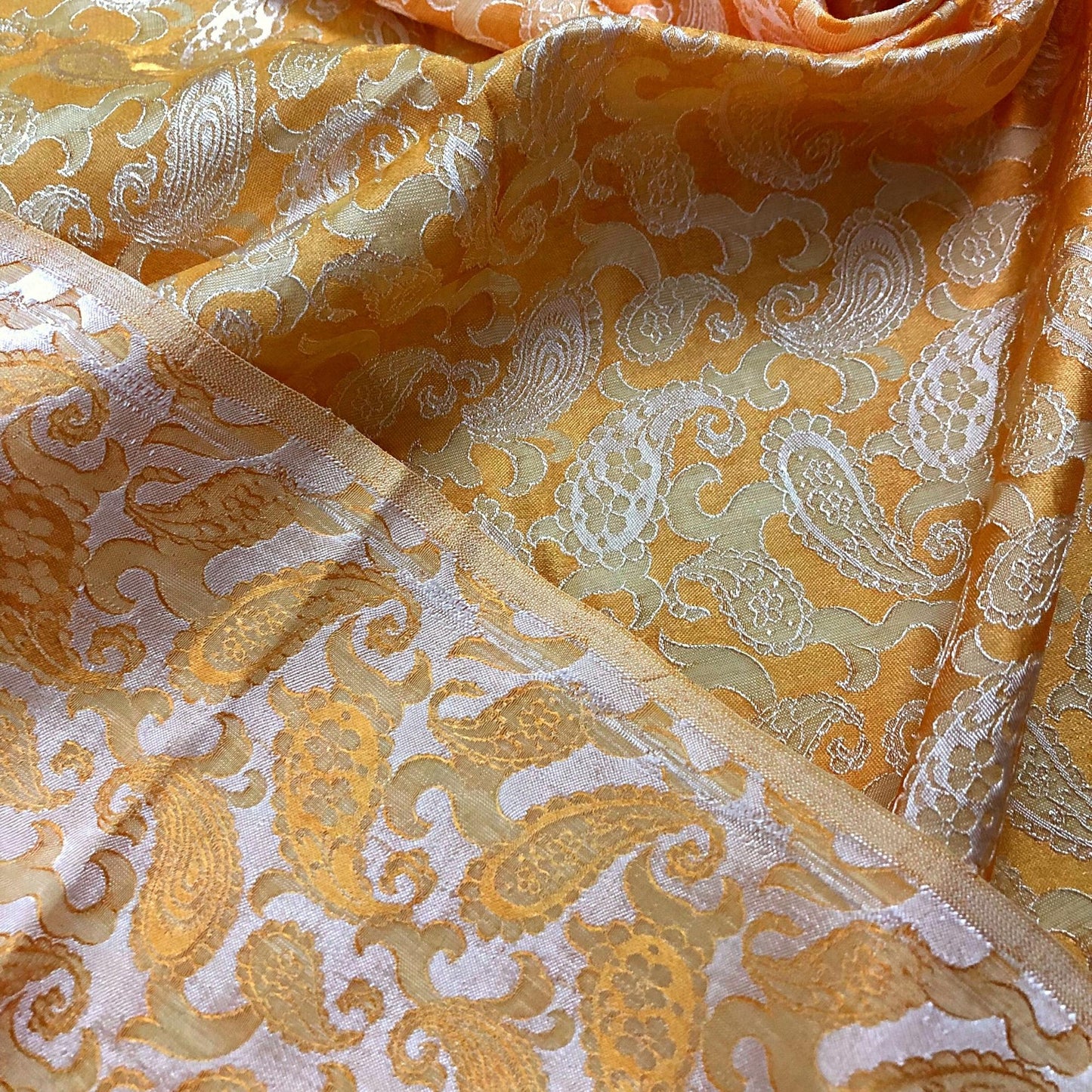 Yellow fabric with mulberry peacock tails pattern, Pure mulberry silk, Handmade fabric, Organic fiber