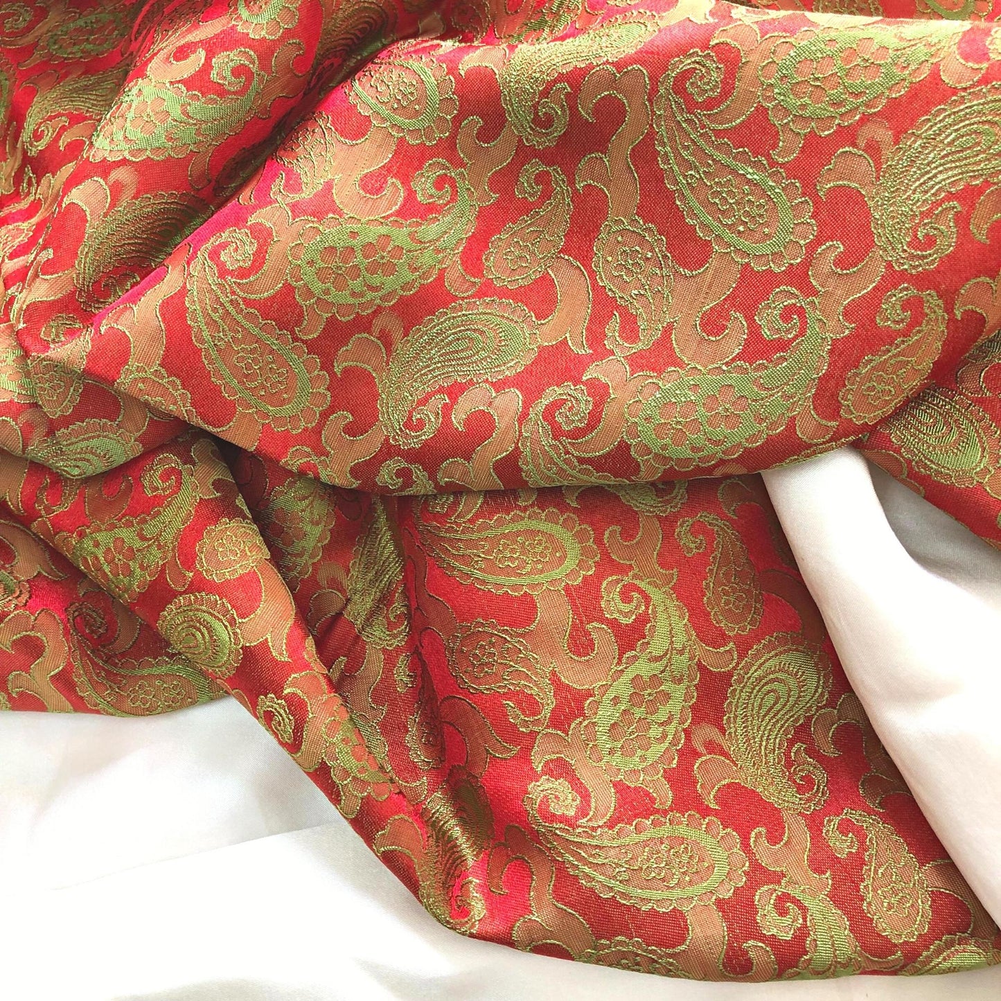 Orange Red fabric with mulberry peacock tails pattern, Pure mulberry silk, Handmade fabric, Organic fiber