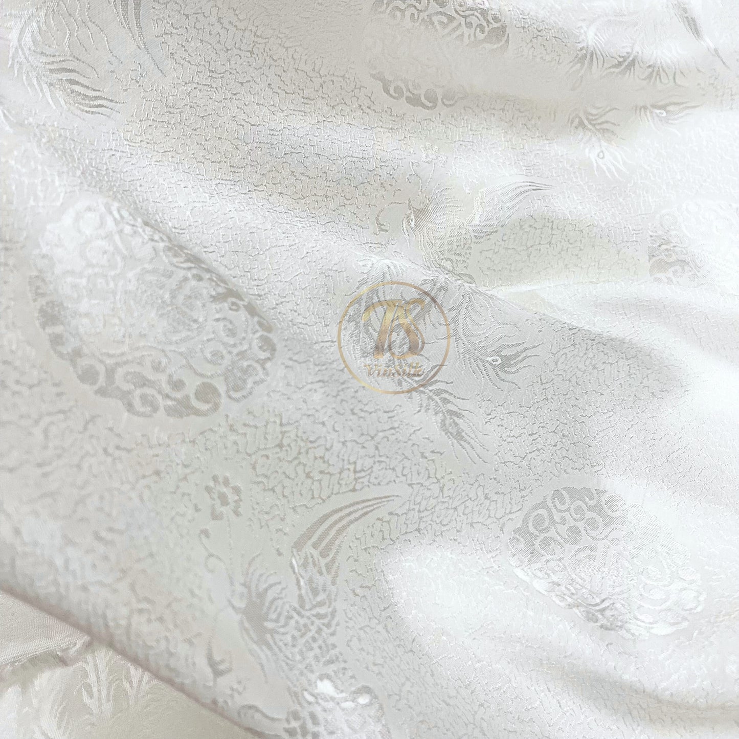 White silk fabric with mulberry phoenix pattern, Pure mulberry silk, Handmade fabric, Organic fiber, Vintage textile