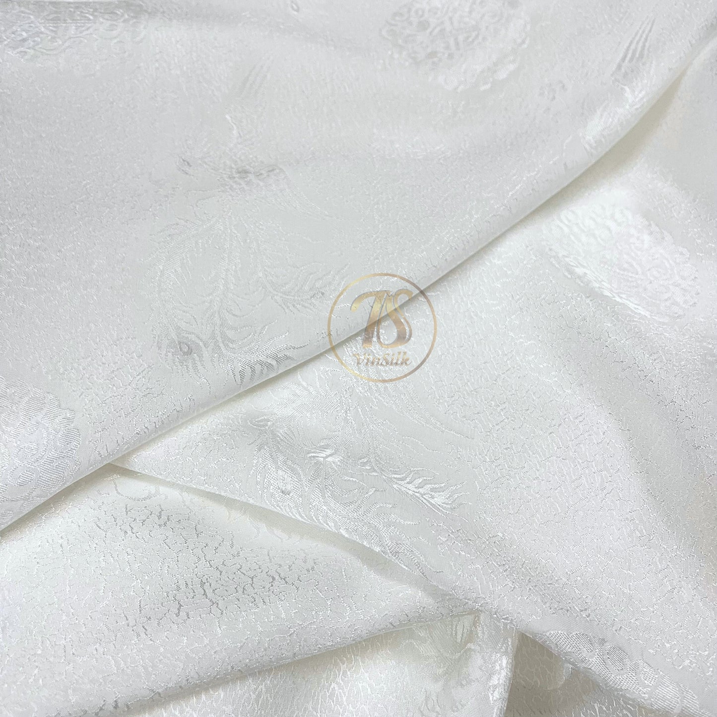 White silk fabric with mulberry phoenix pattern, Pure mulberry silk, Handmade fabric, Organic fiber, Vintage textile