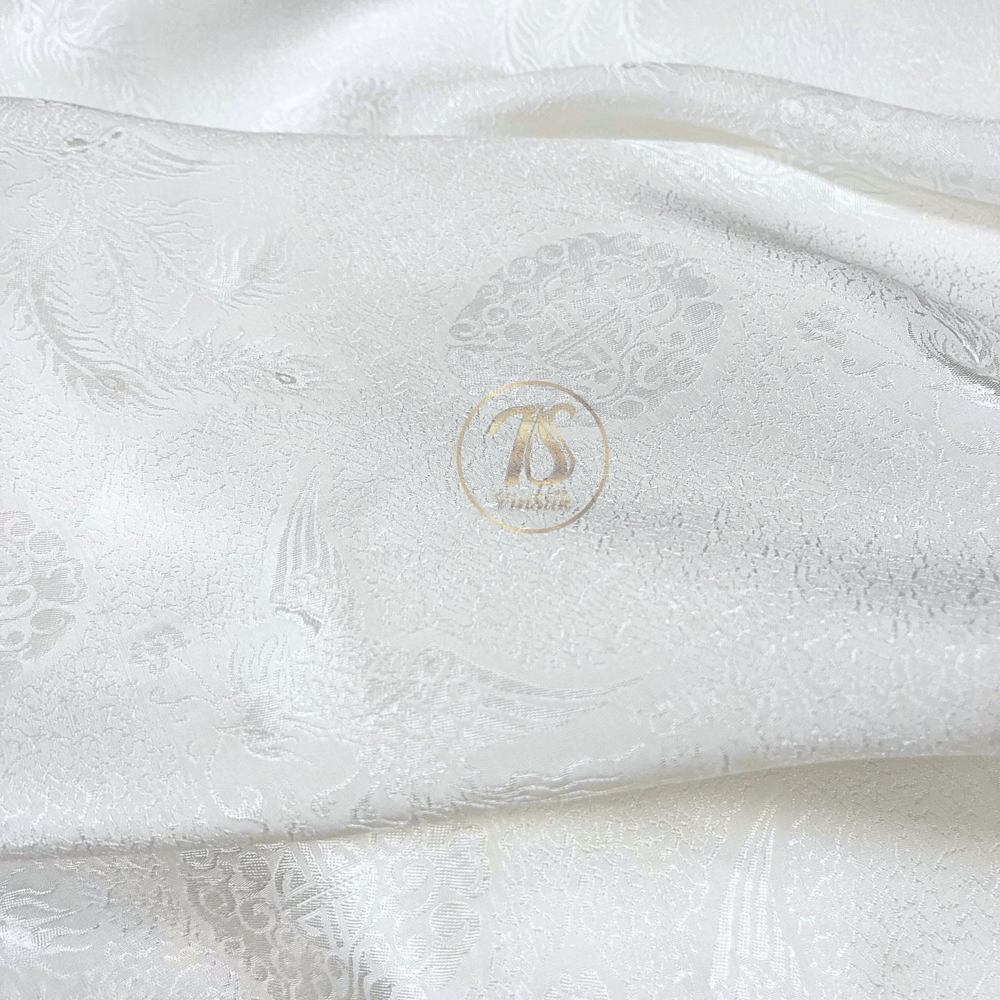 White silk fabric with mulberry phoenix pattern, Pure mulberry silk, Handmade fabric, Organic fiber, Vintage textile