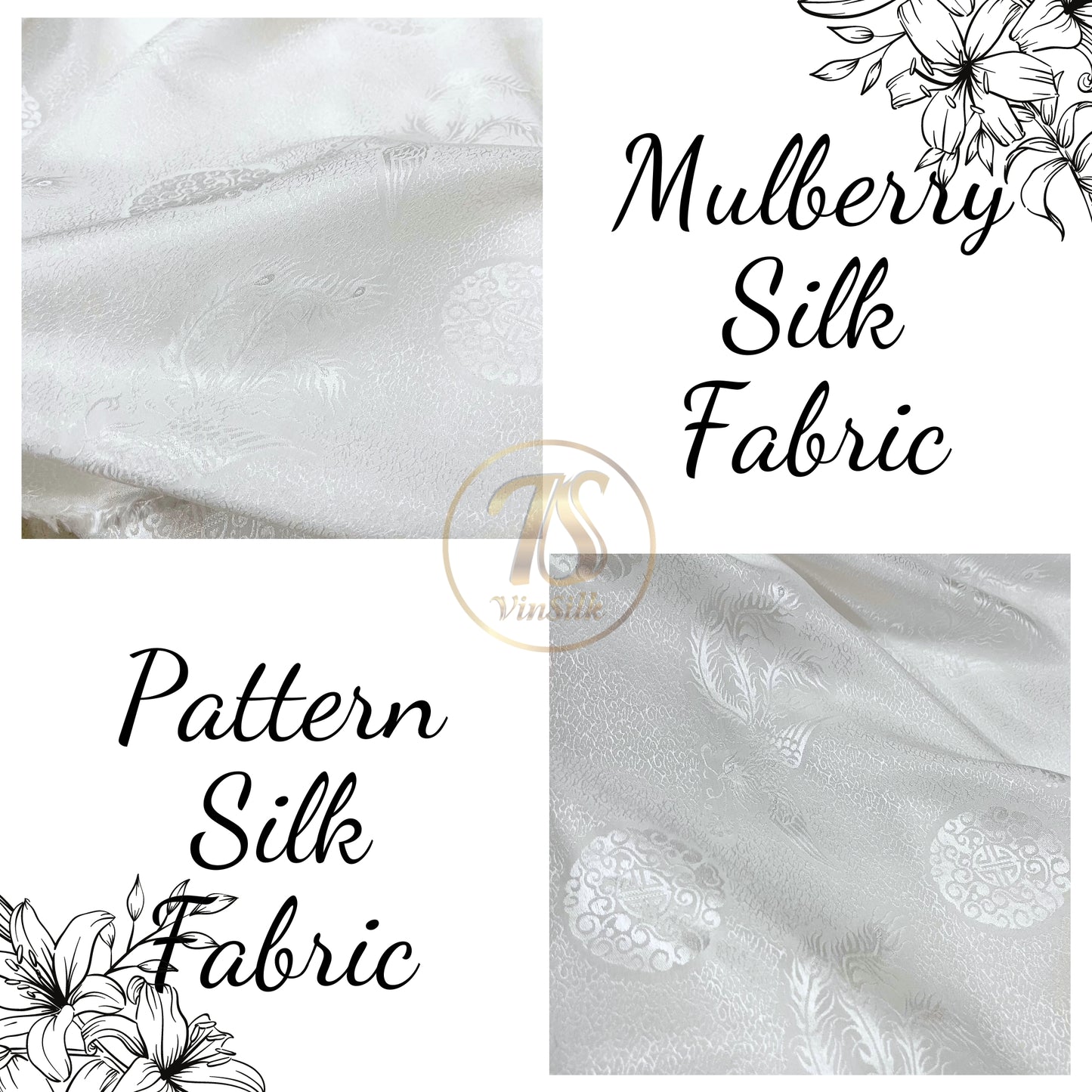 White silk fabric with mulberry phoenix pattern, Pure mulberry silk, Handmade fabric, Organic fiber, Vintage textile