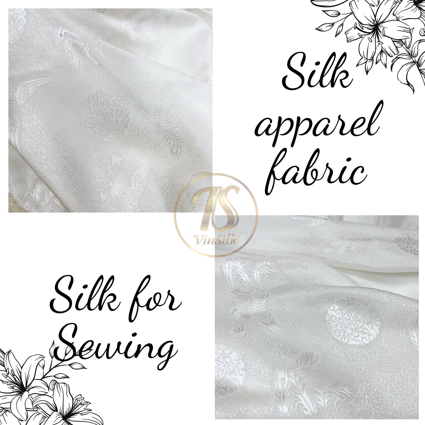 White silk fabric with mulberry phoenix pattern, Pure mulberry silk, Handmade fabric, Organic fiber, Vintage textile