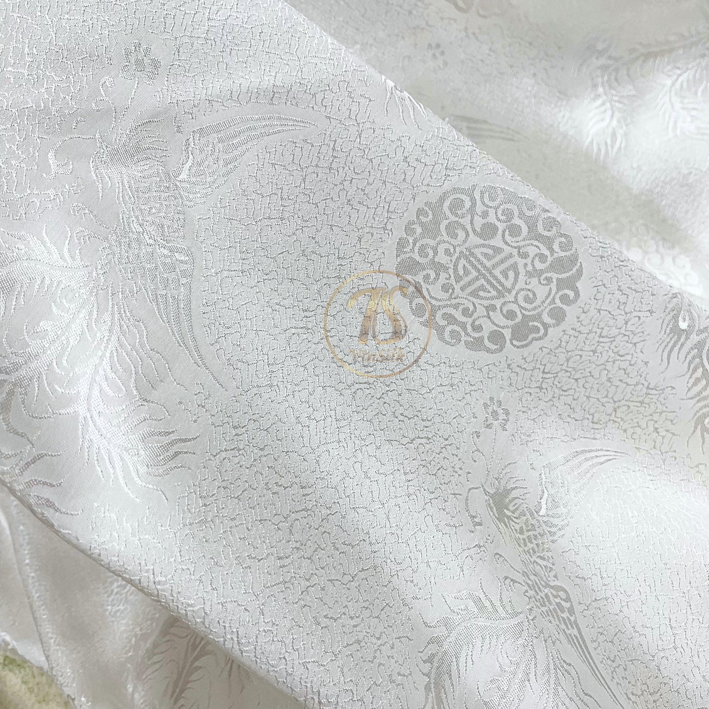 White silk fabric with mulberry phoenix pattern, Pure mulberry silk, Handmade fabric, Organic fiber, Vintage textile