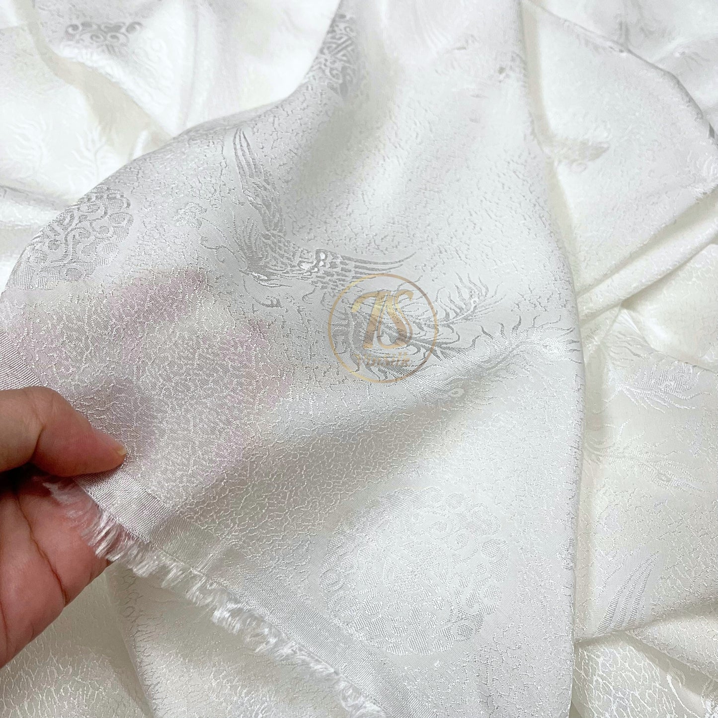 White silk fabric with mulberry phoenix pattern, Pure mulberry silk, Handmade fabric, Organic fiber, Vintage textile