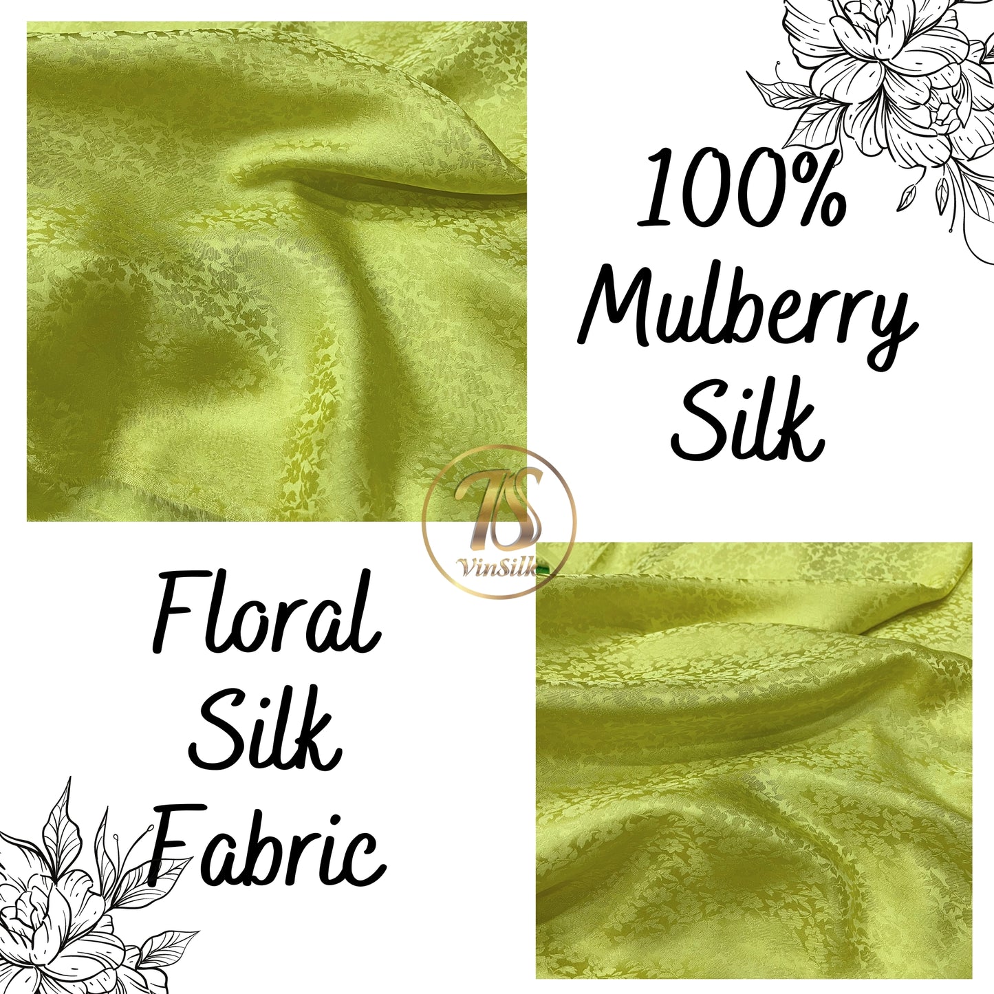 Yellow Floral Silk Fabric - Flower pattern