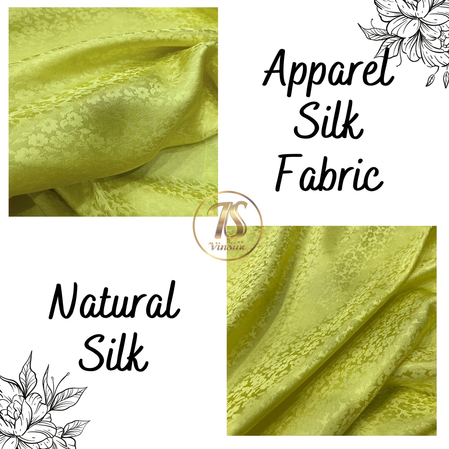 Yellow Floral Silk Fabric - Flower pattern