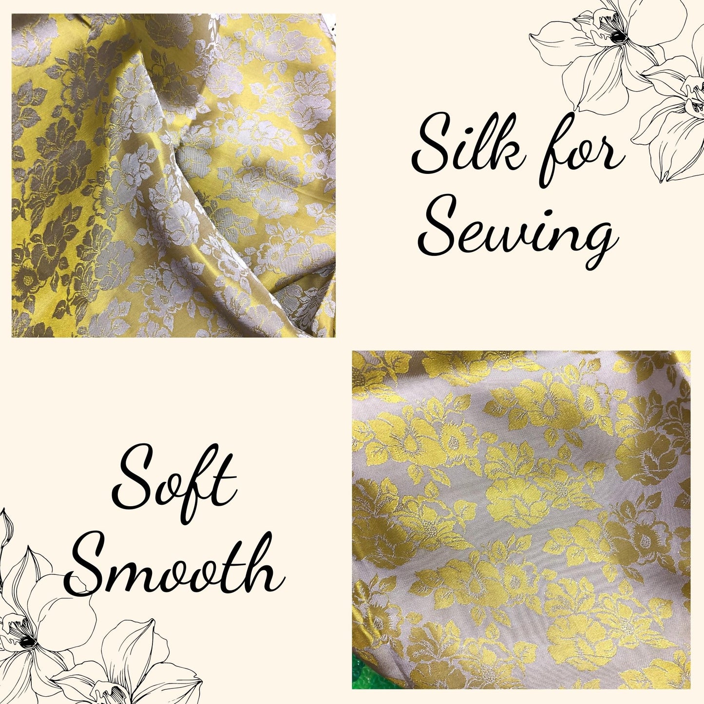Lemon Yellow silk with rose flower pattern fabric, Pure mulberry silk, Handmade fabric, Organic fiber, Vintage textile, Gift for women