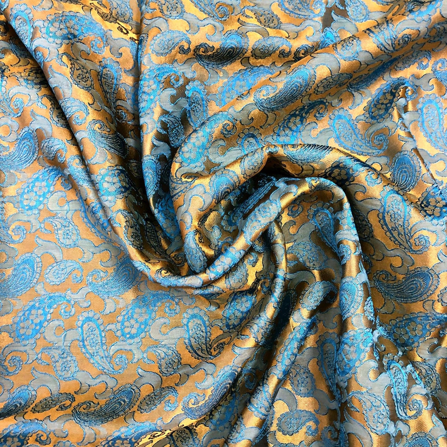 Yellow Blue fabric with mulberry peacock tails pattern, Pure mulberry silk, Handmade fabric, Organic fiber