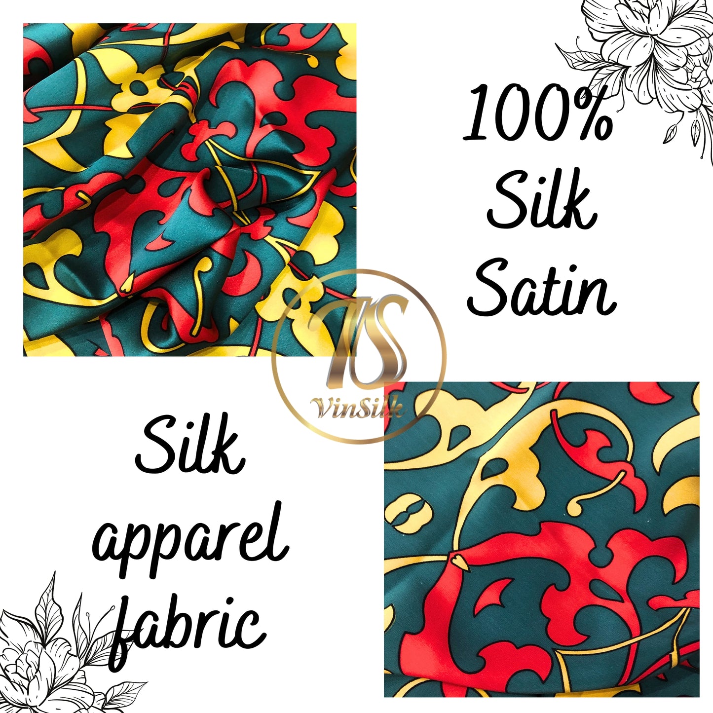 100% PURE MULBERRY SILK fabric by the yard – Floral satin silk fabric – Dress making – Silk for sewing - Gift for women