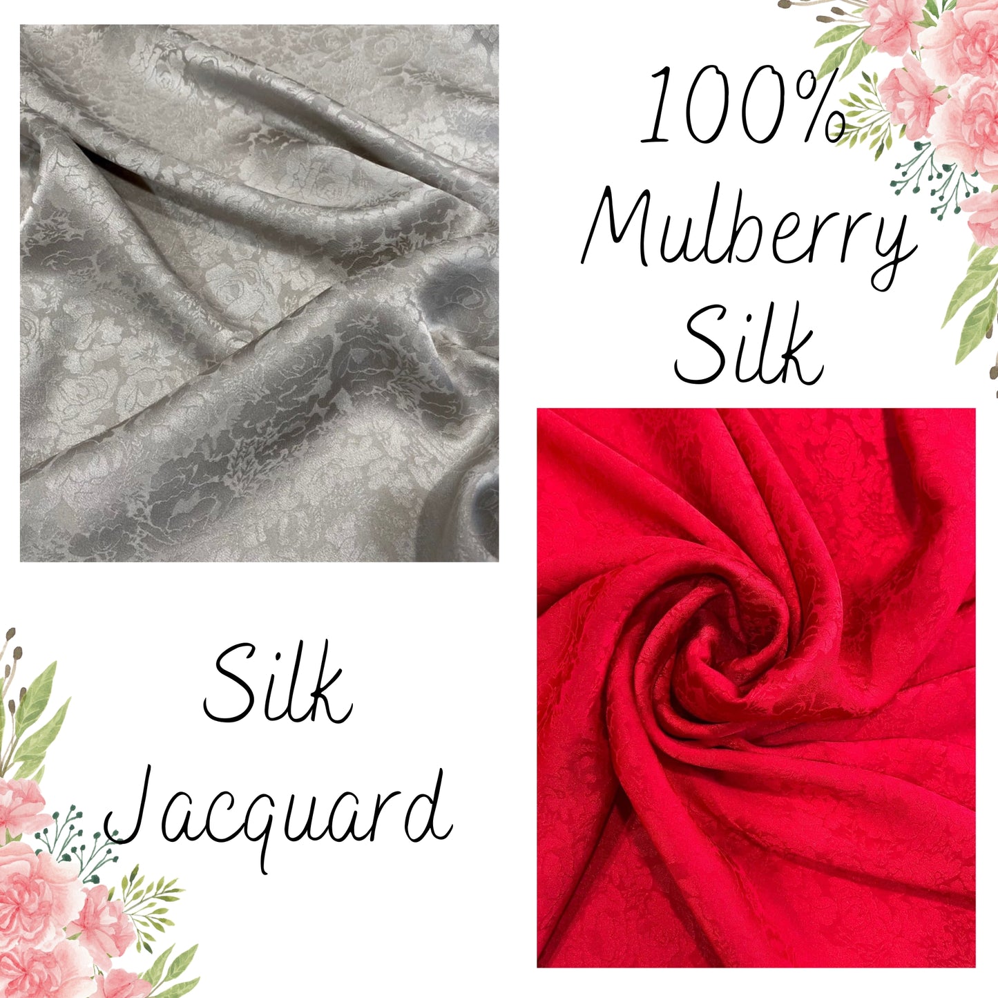 100% PURE MULBERRY SILK fabric by the yard – Floral silk - Jacquard fabric – Dress making – Silk for sewing - Gift for women