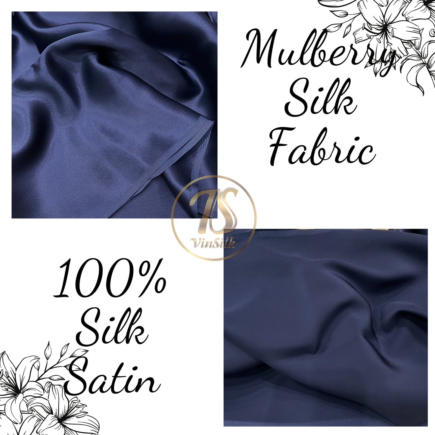 100% PURE MULBERRY SILK fabric by the yard – Satin silk fabric – 19mm - Organic fiber - Wedding dress - Gift for women - Personalized gift - Dark blue satin