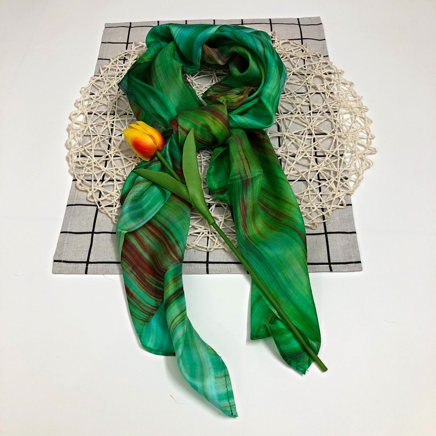 100% MULBERRY SILK SCARF - Pure mulberry silk - Green Square Scarf - Women's Scarves - Fashion Scarf - Handmade Silk Scarf - Gift for her