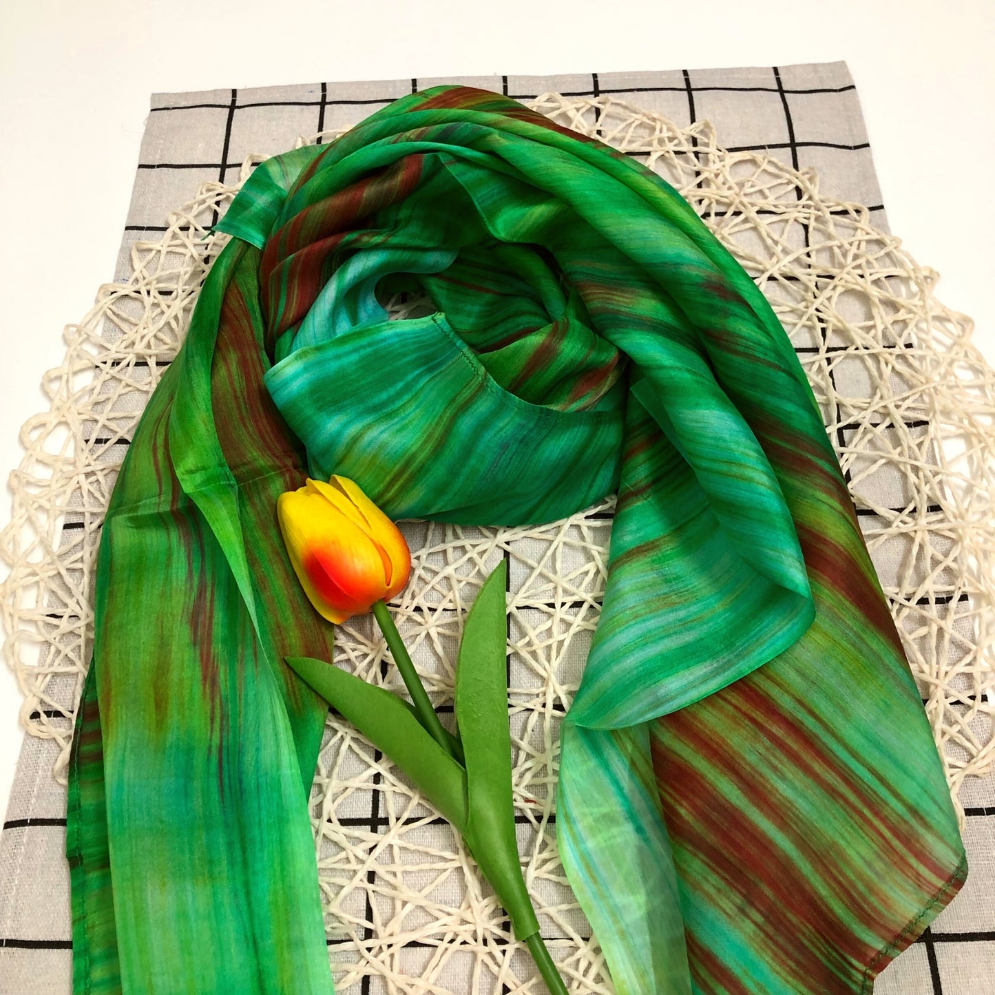 100% MULBERRY SILK SCARF - Pure mulberry silk - Green Square Scarf - Women's Scarves - Fashion Scarf - Handmade Silk Scarf - Gift for her