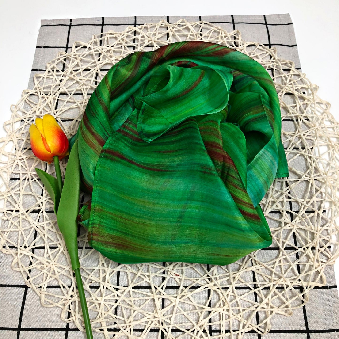 100% MULBERRY SILK SCARF - Pure mulberry silk - Green Square Scarf - Women's Scarves - Fashion Scarf - Handmade Silk Scarf - Gift for her