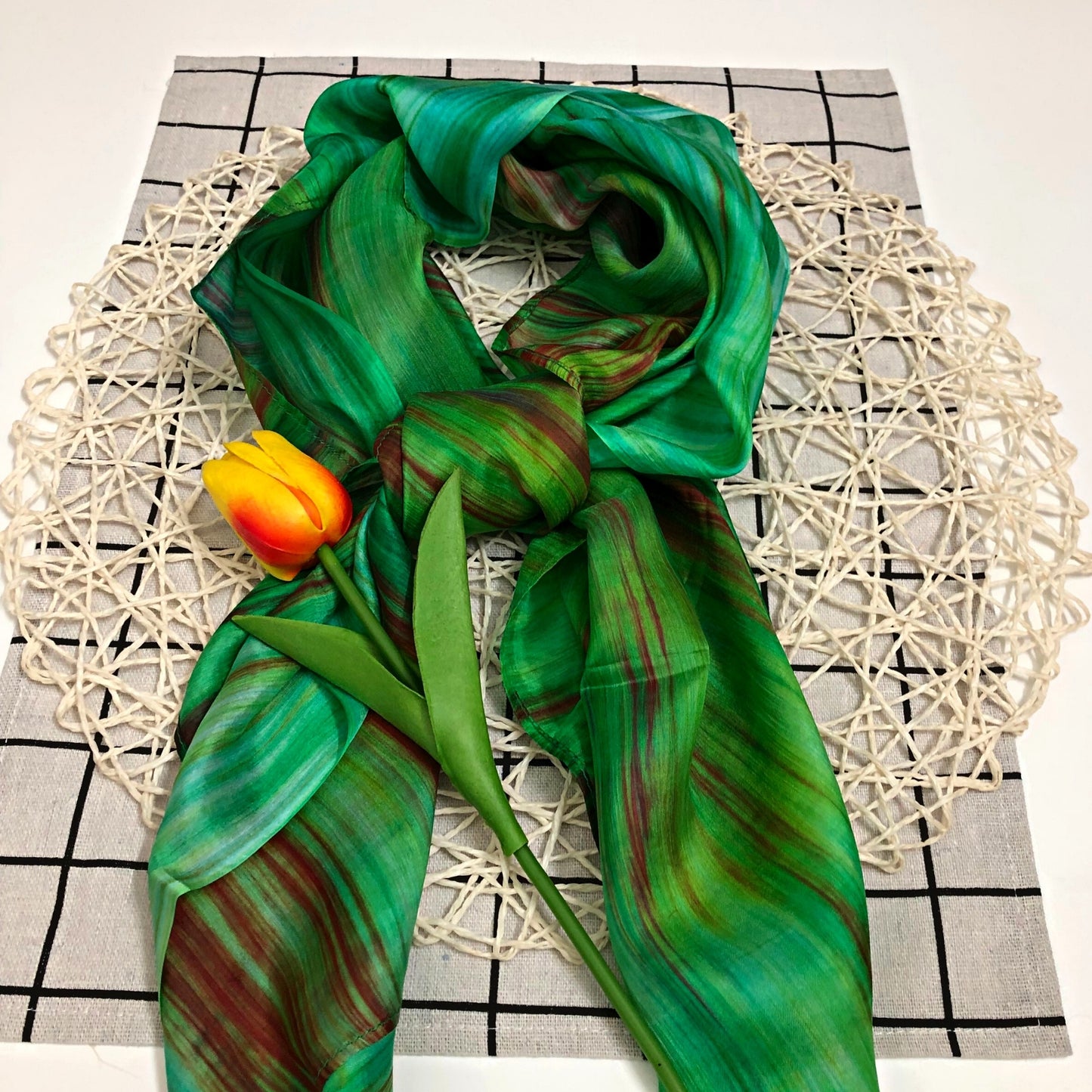 100% MULBERRY SILK SCARF - Pure mulberry silk - Green Square Scarf - Women's Scarves - Fashion Scarf - Handmade Silk Scarf - Gift for her