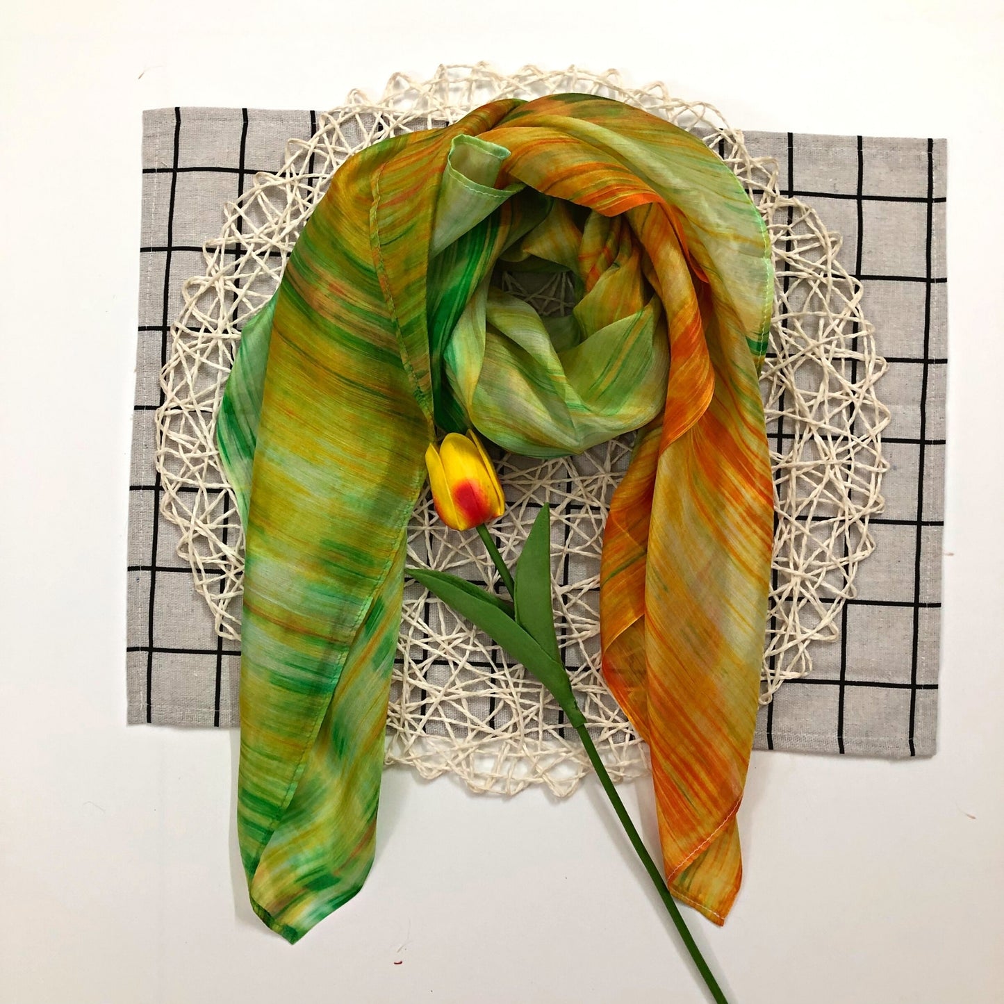 100% MULBERRY SILK SCARF - Pure mulberry silk - Green and Orange Square Scarf - Women's Scarves - Fashion Scarf - Luxury Scarf - Gift for her