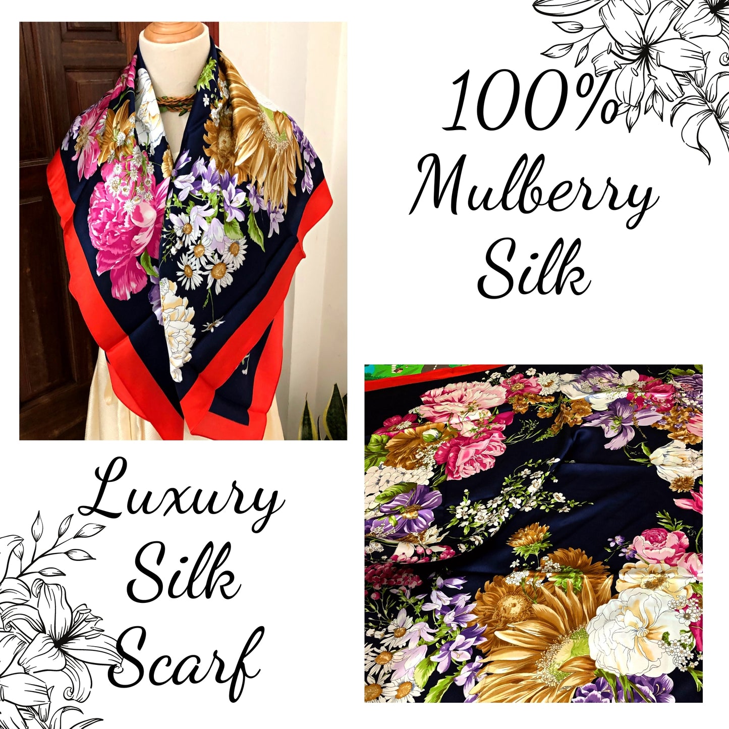 100% MULBERRY SILK SCARF - Luxury Scarf for Women - Smooth and Lightweight Scarves - Gift for women