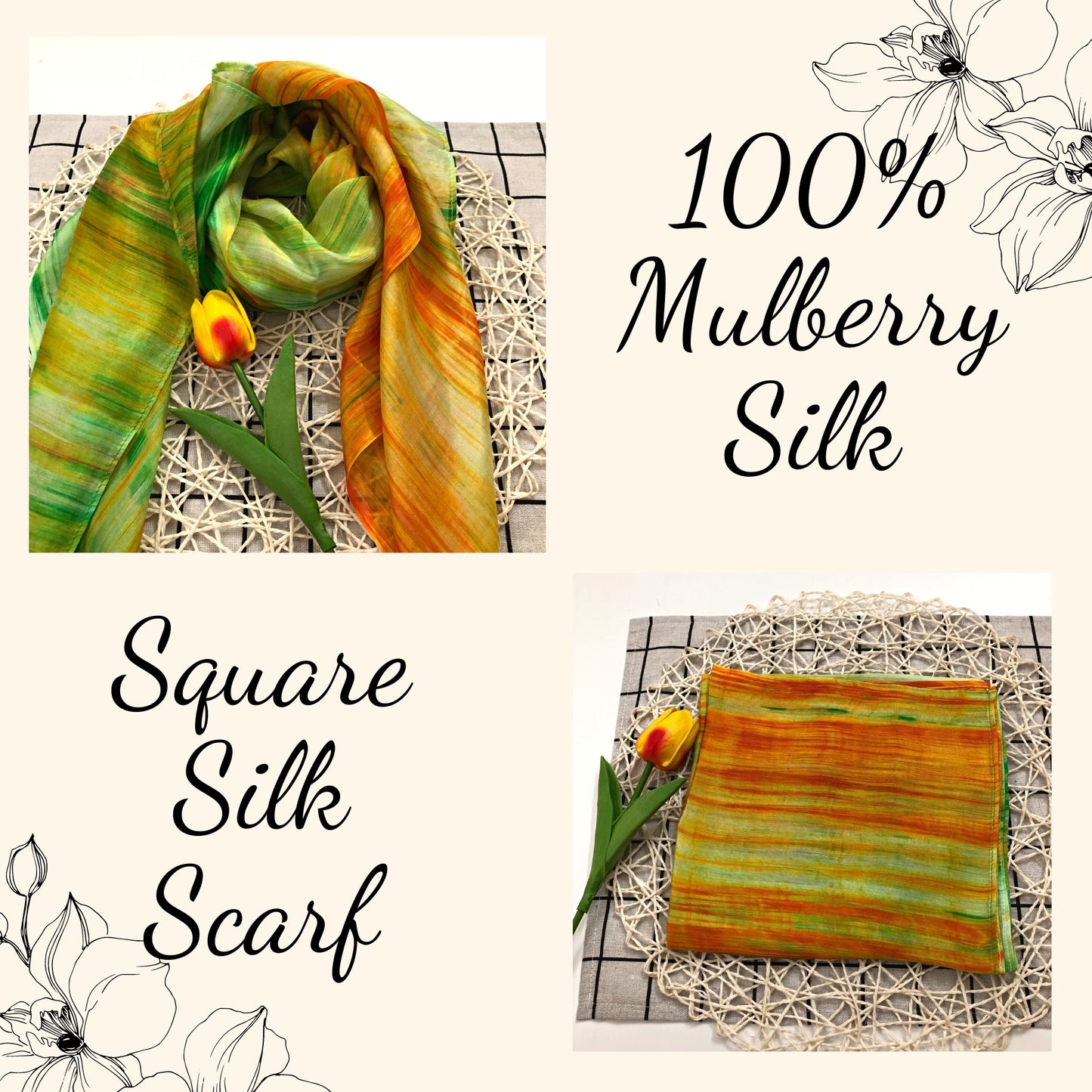 100% MULBERRY SILK SCARF - Pure mulberry silk - Green and Orange Square Scarf - Women's Scarves - Fashion Scarf - Luxury Scarf - Gift for her