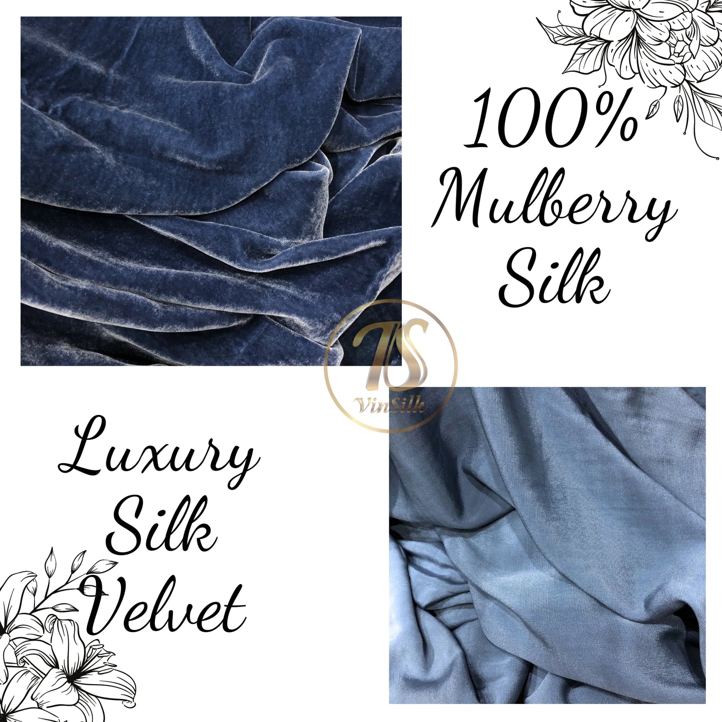 100% Pure Mulberry Silk Velvet Fabric - Luxury Silk Velvet - Silk for sewing - Blue Silk Velvet