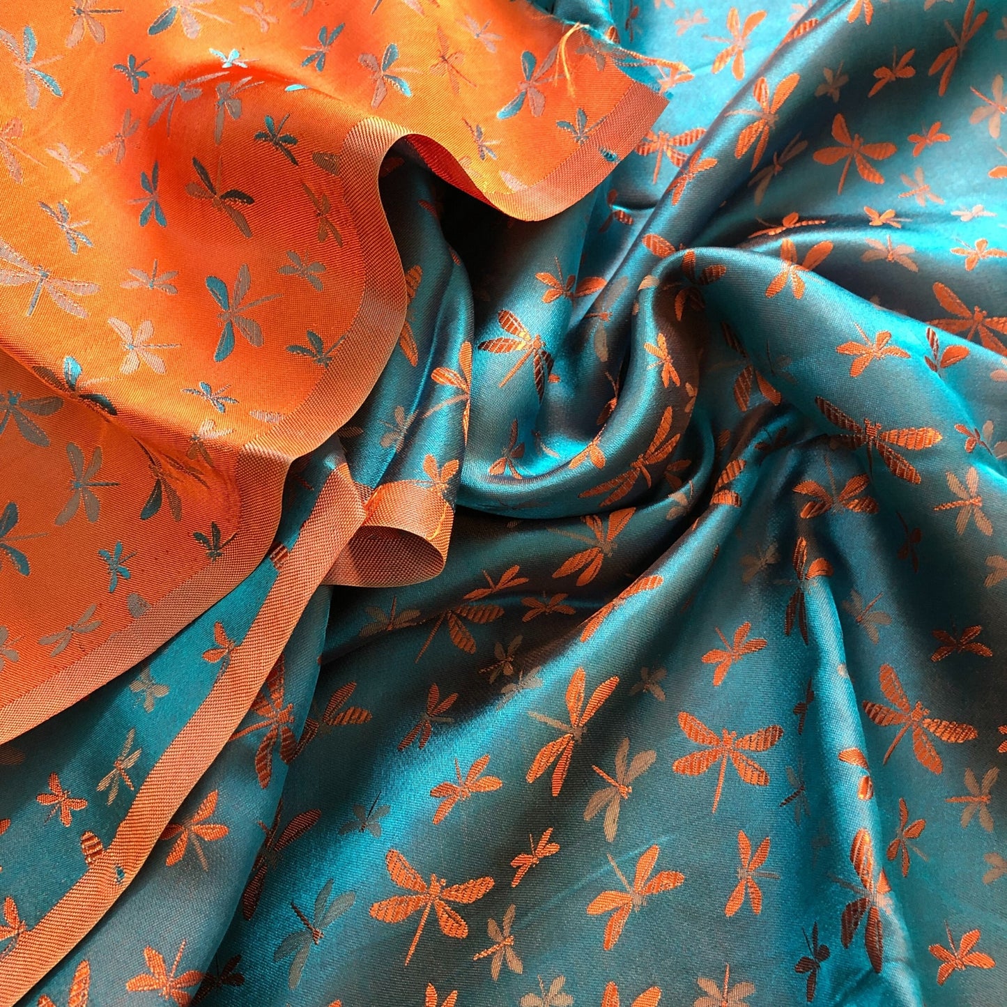 Mulberry Silk Pattern Fabric – Dragonfly Pattern – Silk for Sewing – Blue Silk with Orange Pattern Fabric