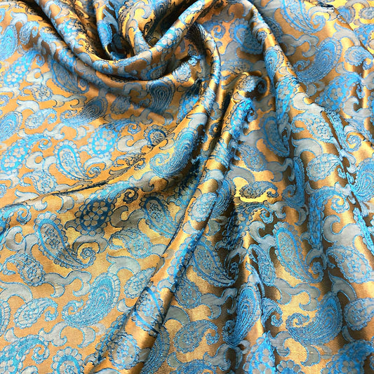 Yellow Blue fabric with mulberry peacock tails pattern, Pure mulberry silk, Handmade fabric, Organic fiber