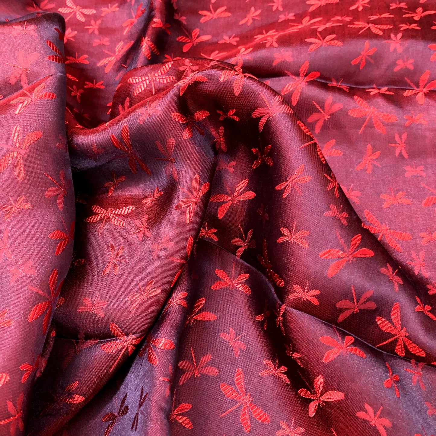 Mulberry Silk Pattern Fabric – Dragonfly Pattern – Silk for Sewing – Red Pattern Silk Fabric