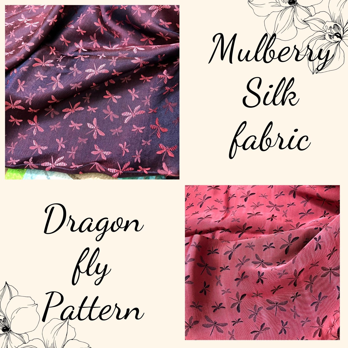 Mulberry Silk Pattern Fabric – Dragonfly Pattern – Silk for Sewing – Pink Pattern Fabric