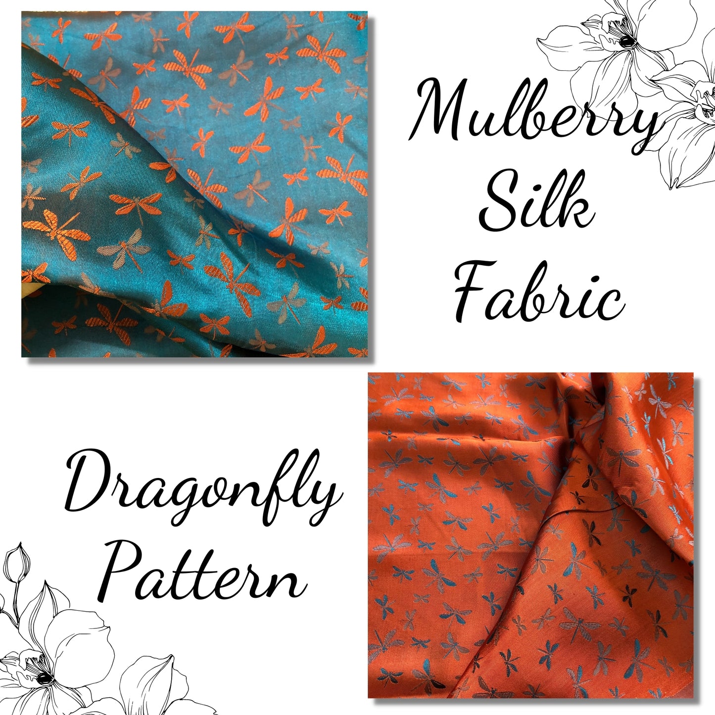 Mulberry Silk Pattern Fabric – Dragonfly Pattern – Silk for Sewing – Blue Silk with Orange Pattern Fabric