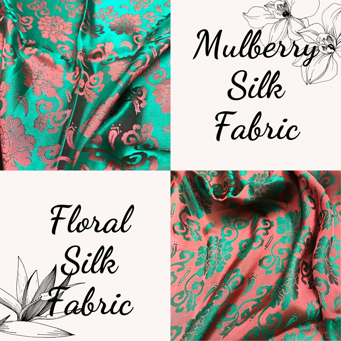 Light Blue fabric with mulberry orange blossom pattern, Pure mulberry silk, Handmade fabric, Organic fiber