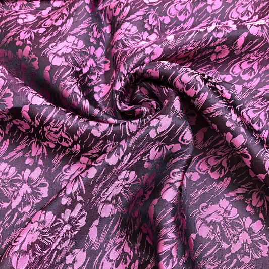 Black silk with pink butterfly pattern, Floral silk fabric, Pure mulberry silk, Handmade fabric, Organic fiber