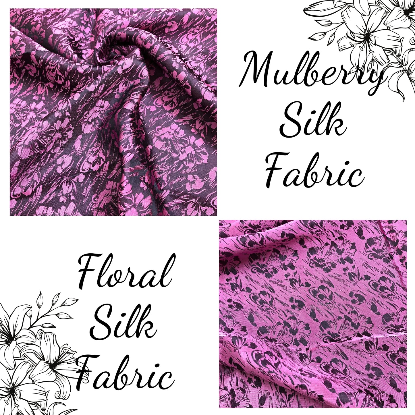 Black silk with pink butterfly pattern, Floral silk fabric, Pure mulberry silk, Handmade fabric, Organic fiber