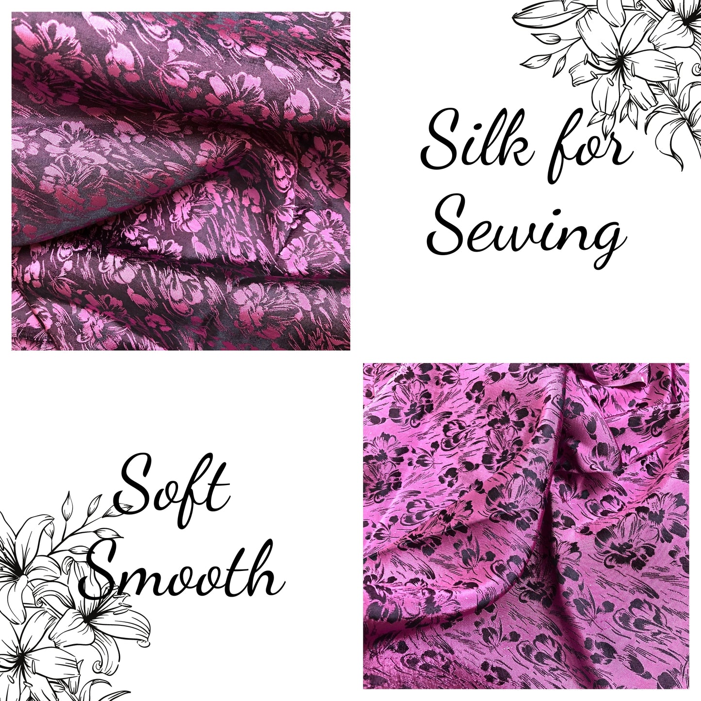 Black silk with pink butterfly pattern, Floral silk fabric, Pure mulberry silk, Handmade fabric, Organic fiber