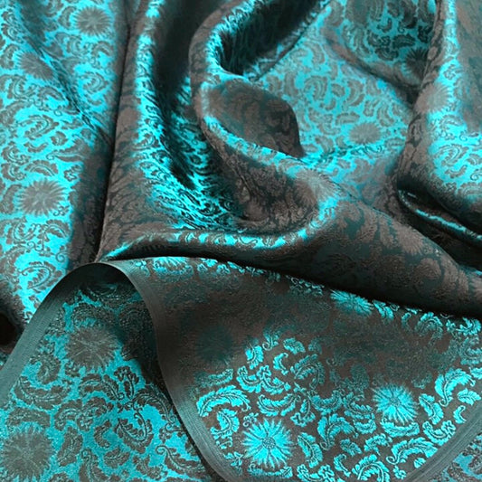 Green silk fabric with mulberry black chrysanthemum pattern, Pure mulberry silk, Handmade fabric, Organic fiber, Vintage textile