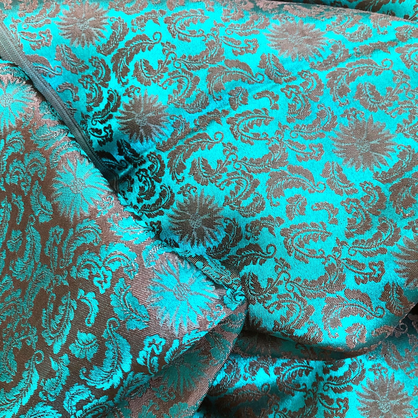 Green silk fabric with mulberry black chrysanthemum pattern, Pure mulberry silk, Handmade fabric, Organic fiber, Vintage textile