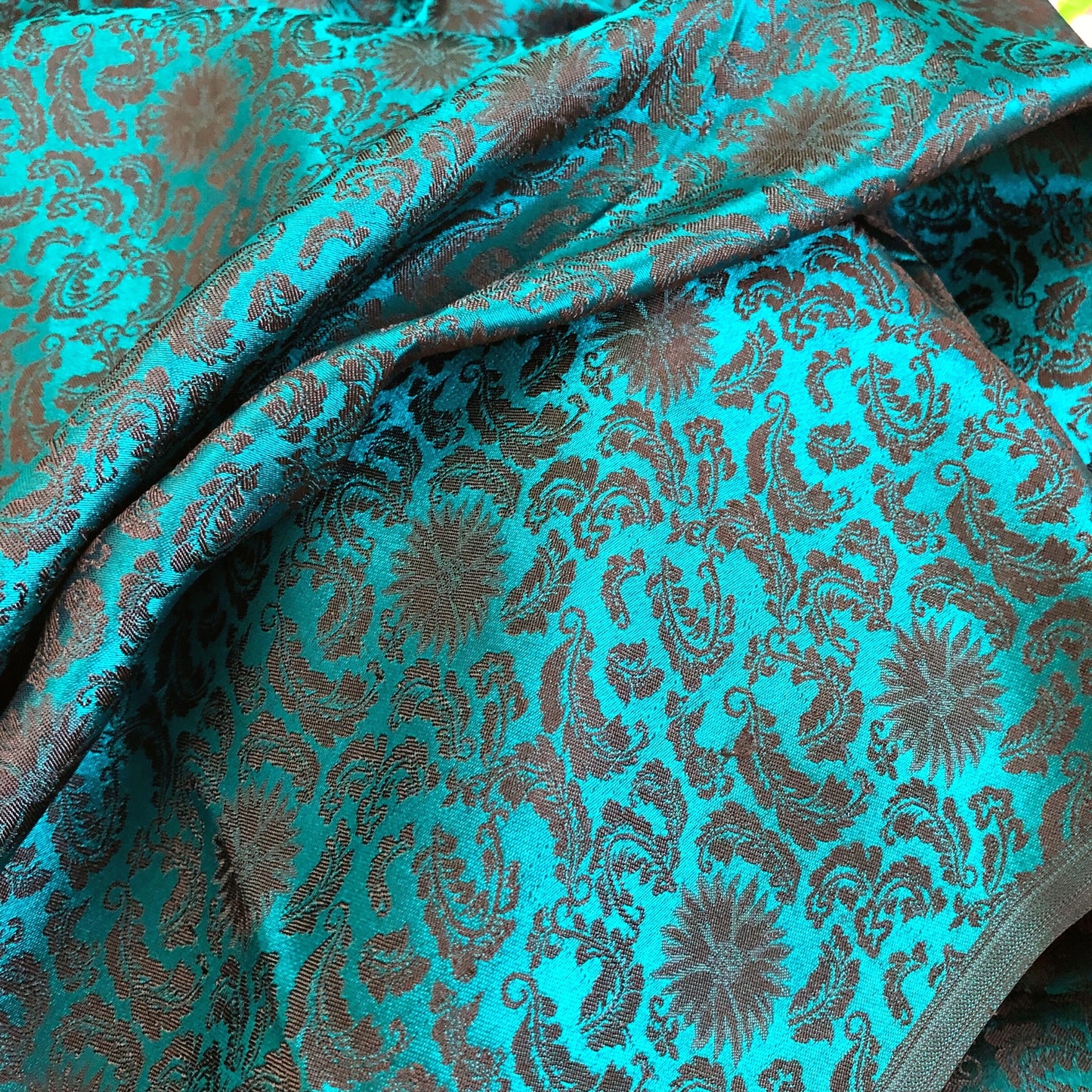 Green silk fabric with mulberry black chrysanthemum pattern, Pure mulberry silk, Handmade fabric, Organic fiber, Vintage textile