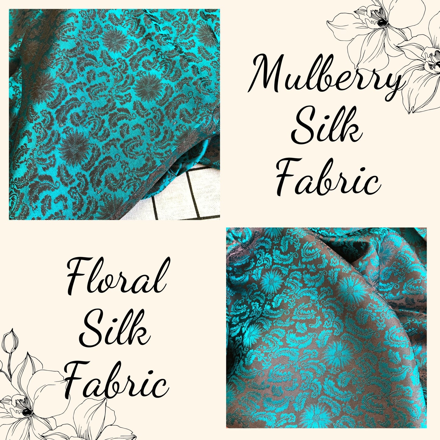 Green silk fabric with mulberry black chrysanthemum pattern, Pure mulberry silk, Handmade fabric, Organic fiber, Vintage textile