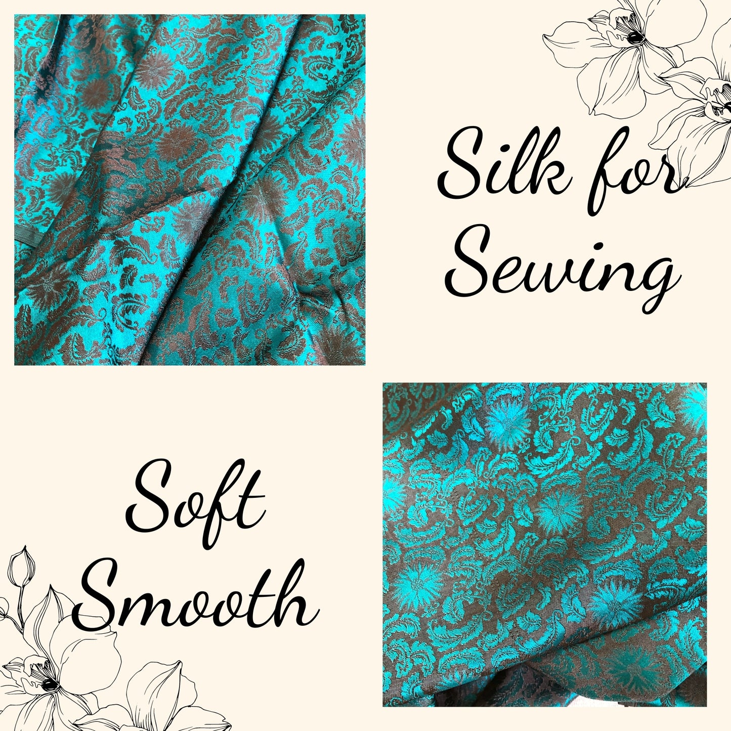 Green silk fabric with mulberry black chrysanthemum pattern, Pure mulberry silk, Handmade fabric, Organic fiber, Vintage textile