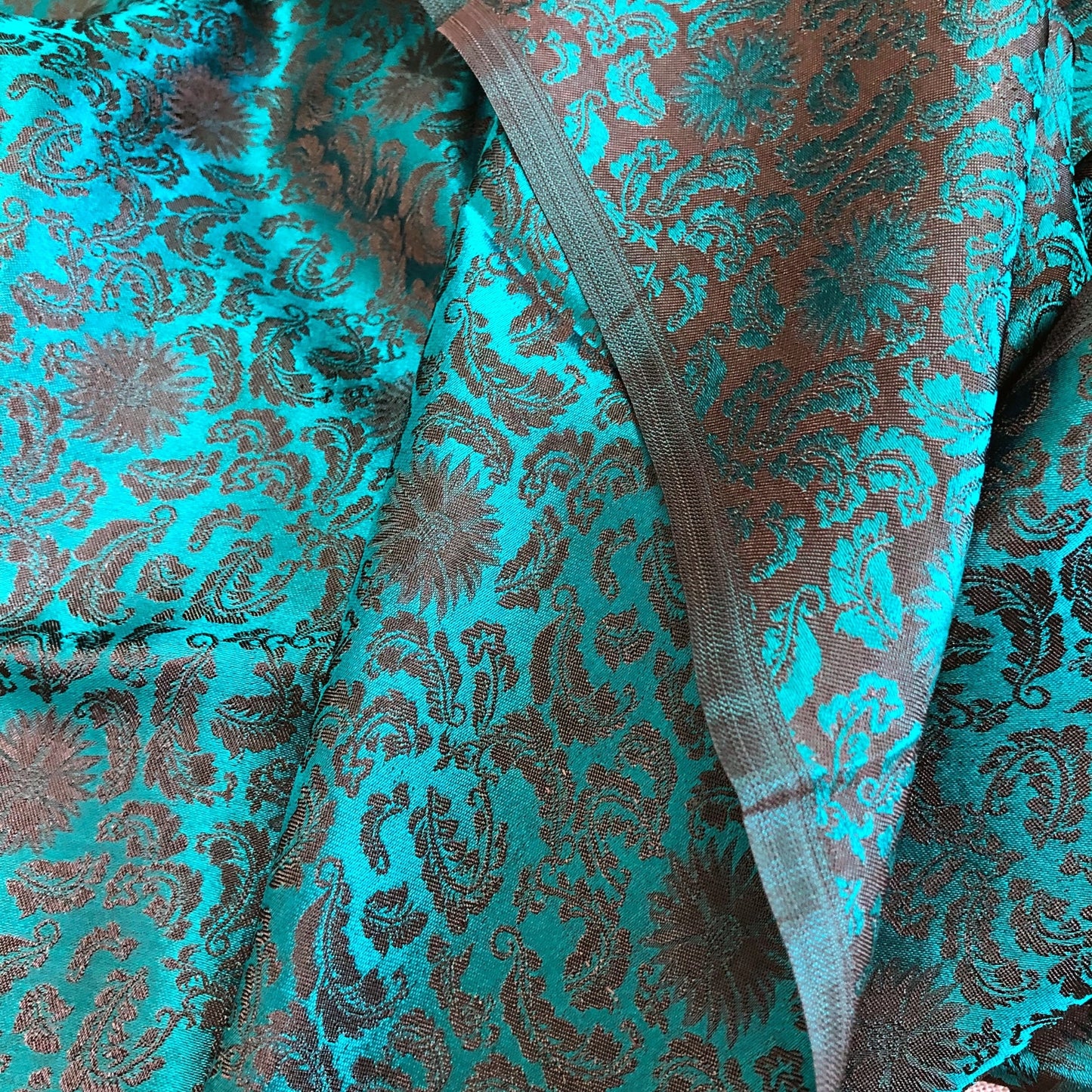 Green silk fabric with mulberry black chrysanthemum pattern, Pure mulberry silk, Handmade fabric, Organic fiber, Vintage textile