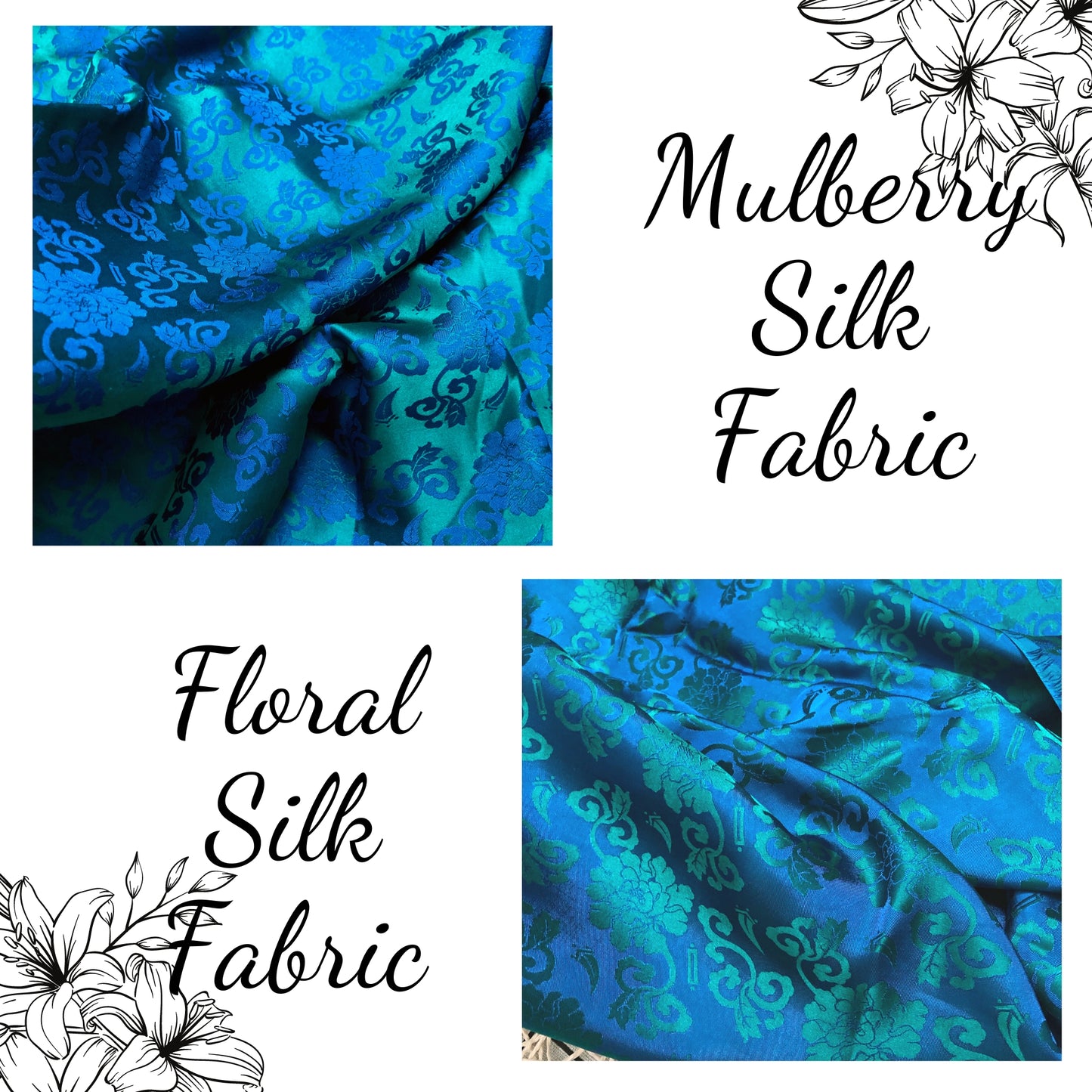 Blue silk with Blue flower pattern, Floral silk fabric, Pure mulberry silk, Handmade fabric, Organic fiber