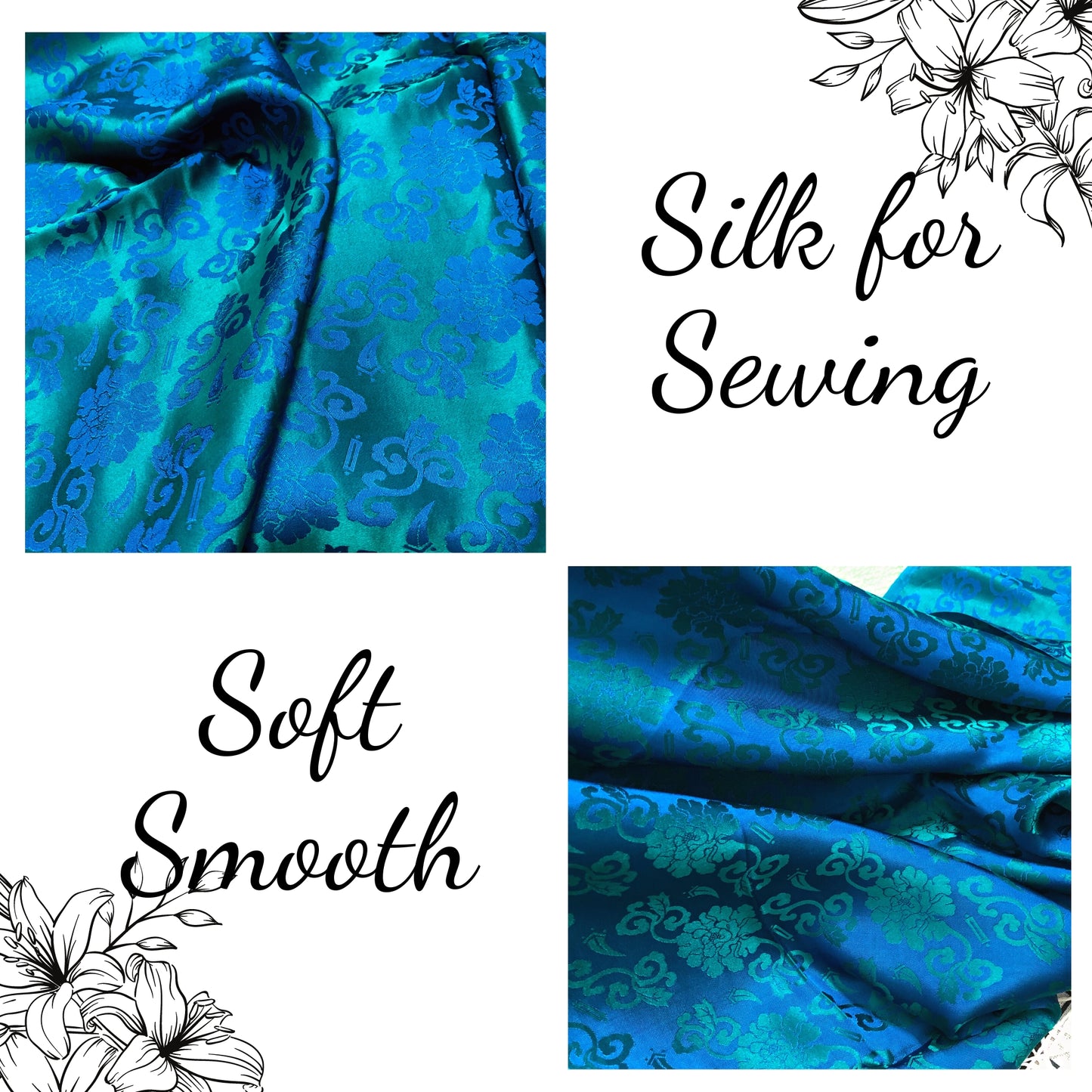 Blue silk with Blue flower pattern, Floral silk fabric, Pure mulberry silk, Handmade fabric, Organic fiber