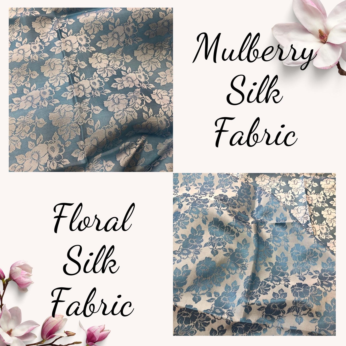 Blue roses silk pattern fabric, Pure mulberry silk, Handmade fabric, Organic fiber, Vintage textile, Dress making, Gift for women, Silk