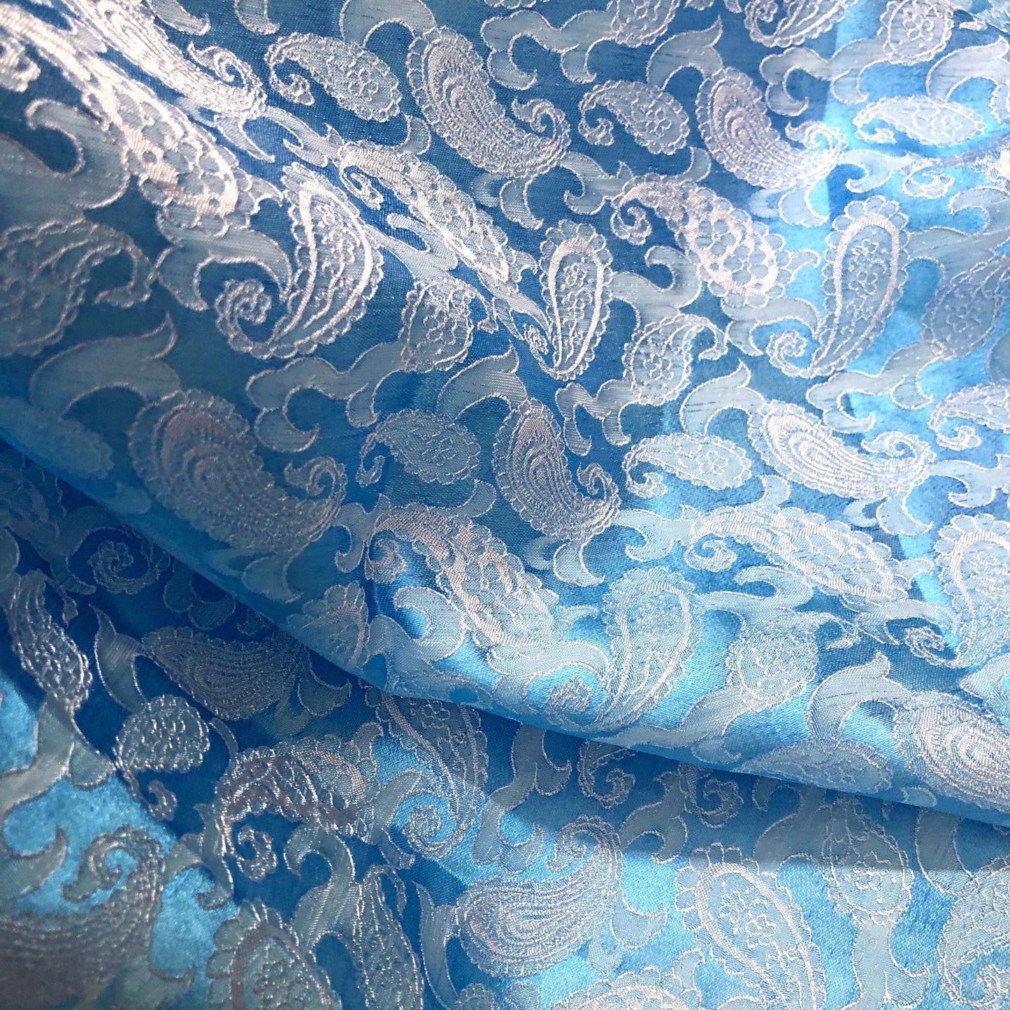 Light Blue fabric with mulberry white peacock tails pattern, Pure mulberry silk, Handmade fabric, Organic fiber