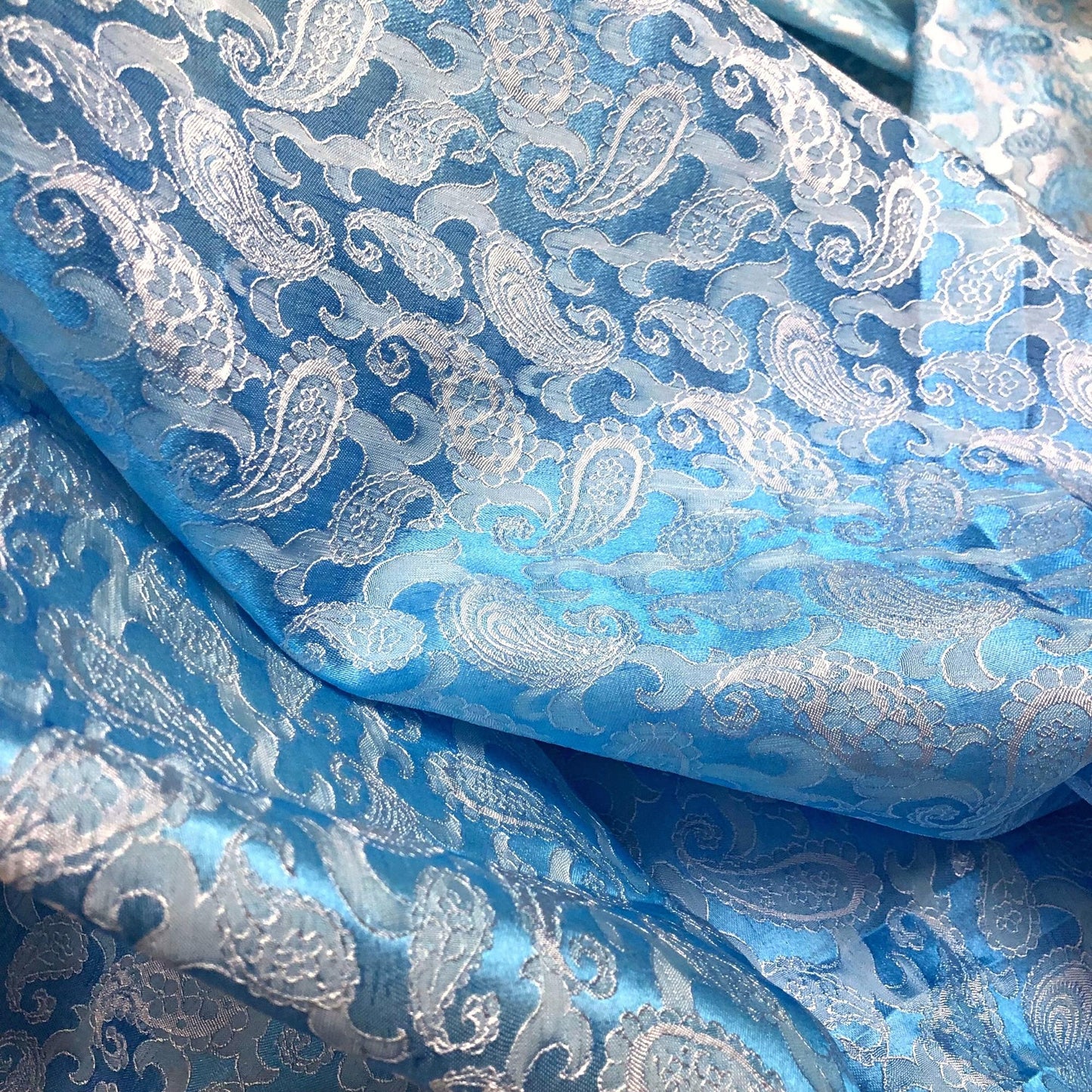 Light Blue fabric with mulberry white peacock tails pattern, Pure mulberry silk, Handmade fabric, Organic fiber