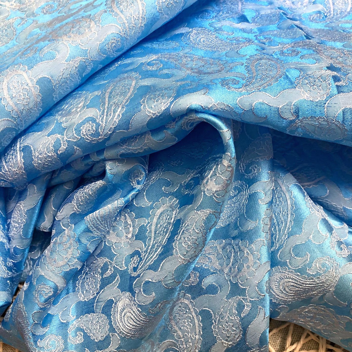 Light Blue fabric with mulberry white peacock tails pattern, Pure mulberry silk, Handmade fabric, Organic fiber