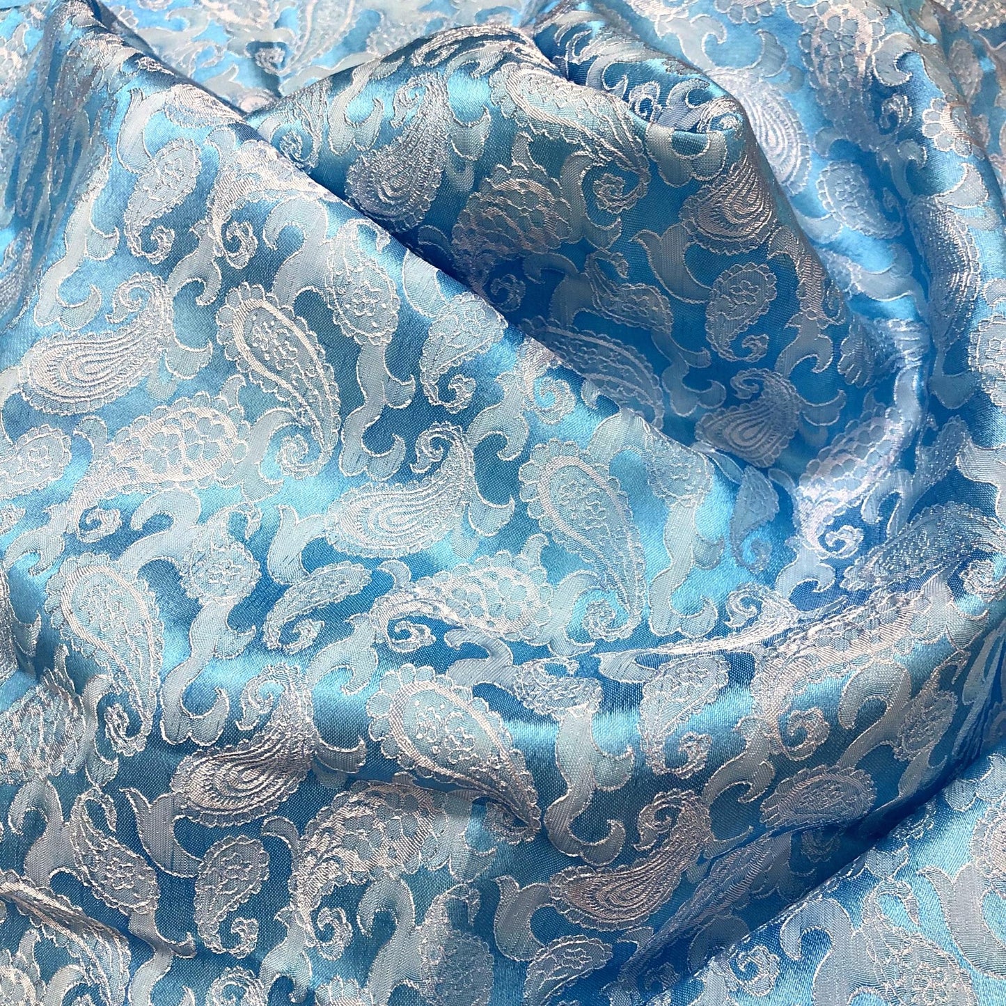 Light Blue fabric with mulberry white peacock tails pattern, Pure mulberry silk, Handmade fabric, Organic fiber