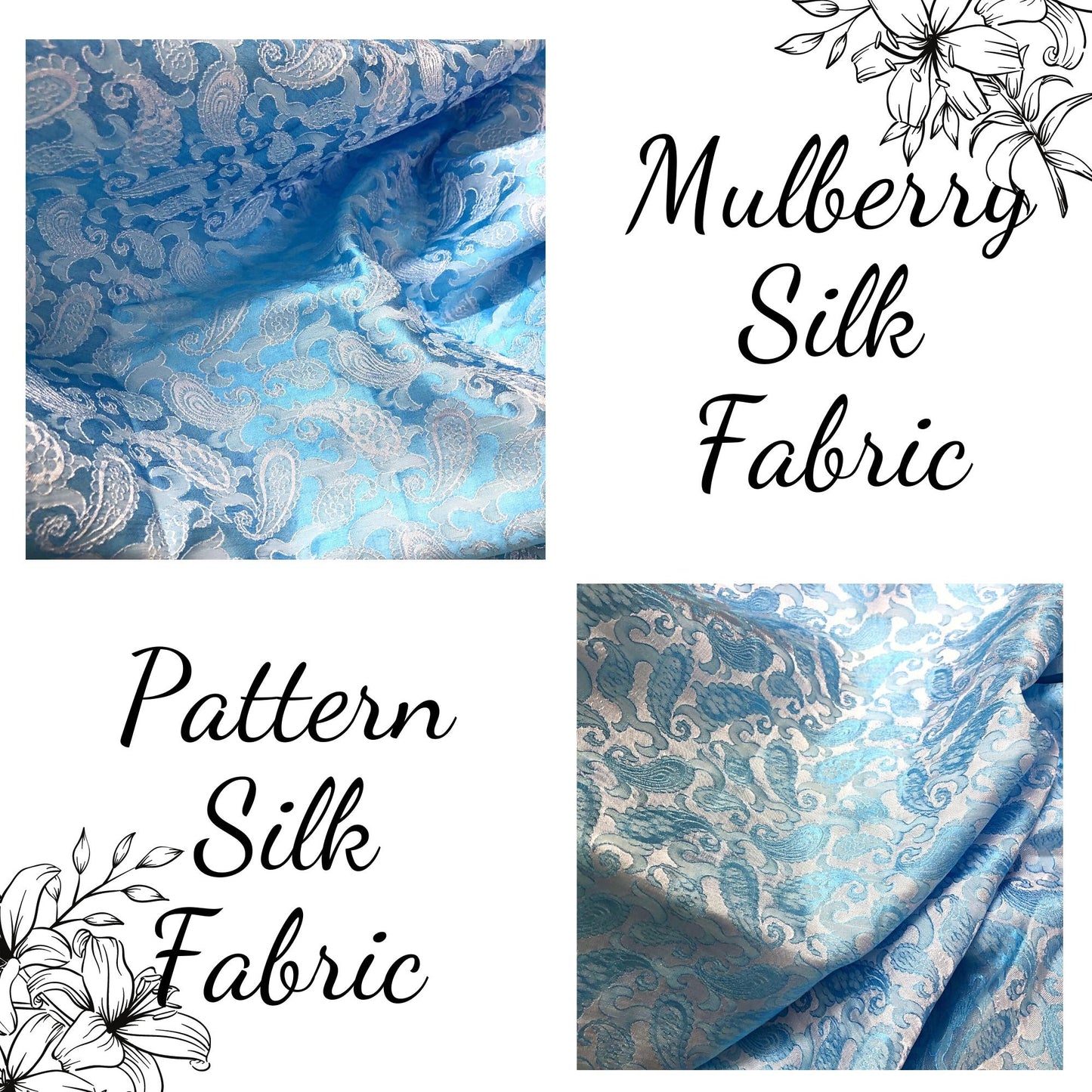 Light Blue fabric with mulberry white peacock tails pattern, Pure mulberry silk, Handmade fabric, Organic fiber