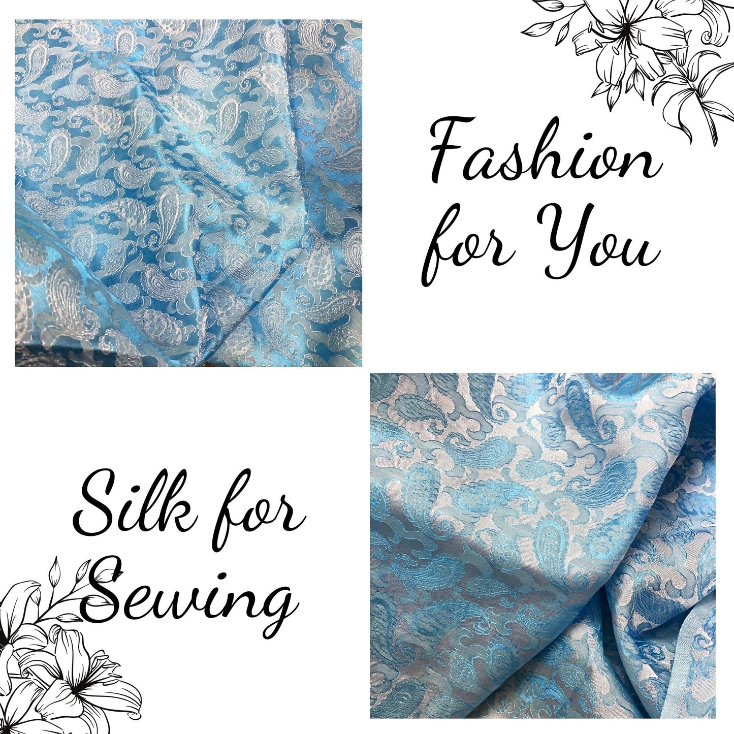 Light Blue fabric with mulberry white peacock tails pattern, Pure mulberry silk, Handmade fabric, Organic fiber