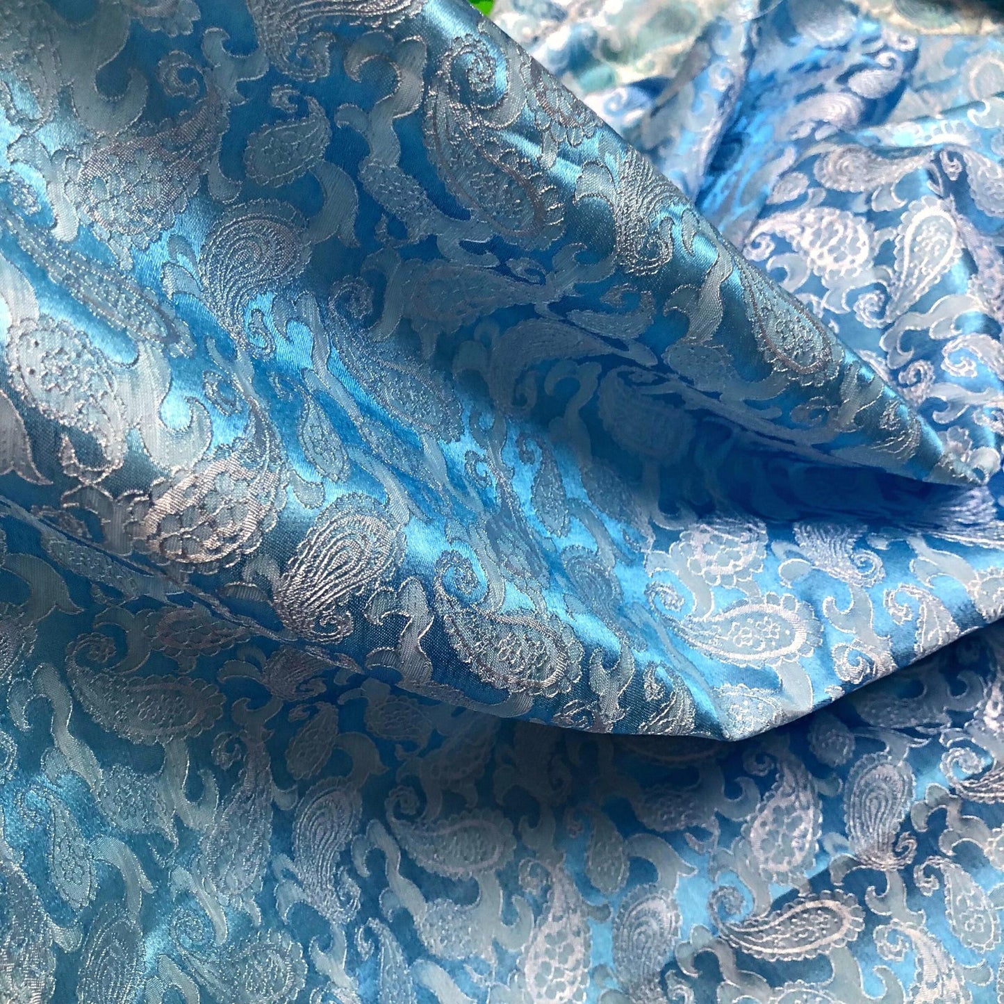 Light Blue fabric with mulberry white peacock tails pattern, Pure mulberry silk, Handmade fabric, Organic fiber